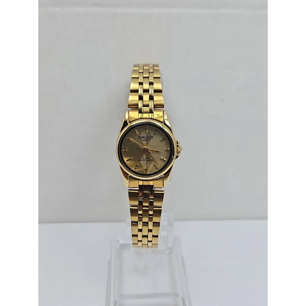 Womens Salco Gold Tone Quartz Bracelet Dress Watch Dainty Petite New Battery